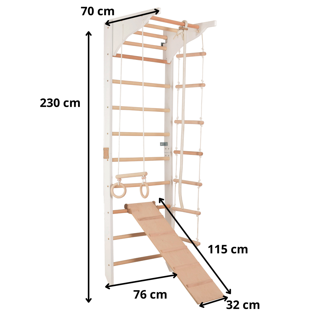 Sprossenwand mit Klimmzugstange, Dip-Barren, Ringen & Kletterrampe – PRO 3 weiß | RINAGYM – Ansicht 2