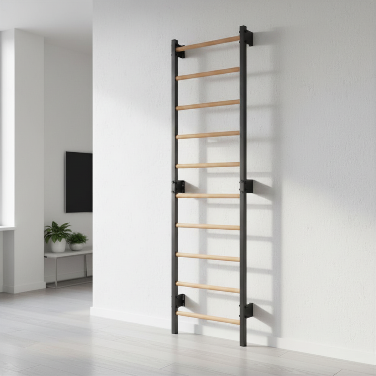 Metallische Sprossenwand STEEL 1 – Graphit mit Buchenholzsprossen | RINAGYM – Ansicht 4