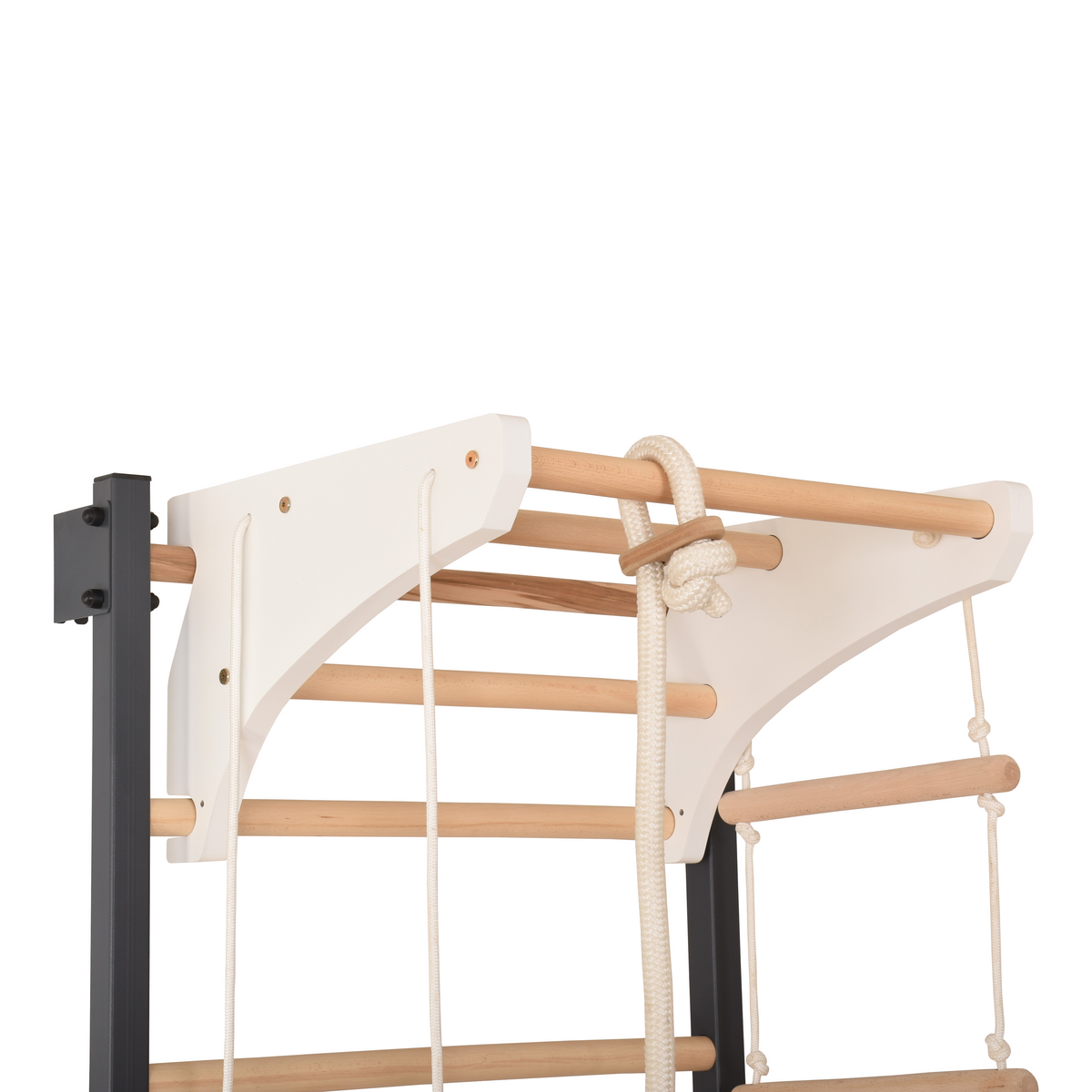 Metallische Sprossenwand STEEL KOM 2 – Graphit mit weißer Klimmzugstange, Ringen und Strickleiter | RINAGYM – Ansicht 7