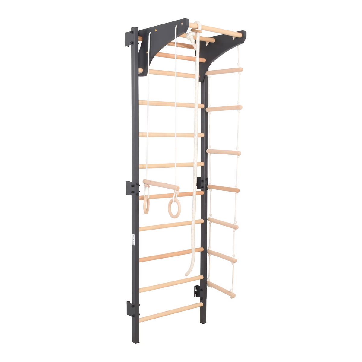 Metallische Sprossenwand STEEL KOM 2 – Graphit mit Klimmzugstange, Ringen und Strickleiter | RINAGYM – Ansicht 1