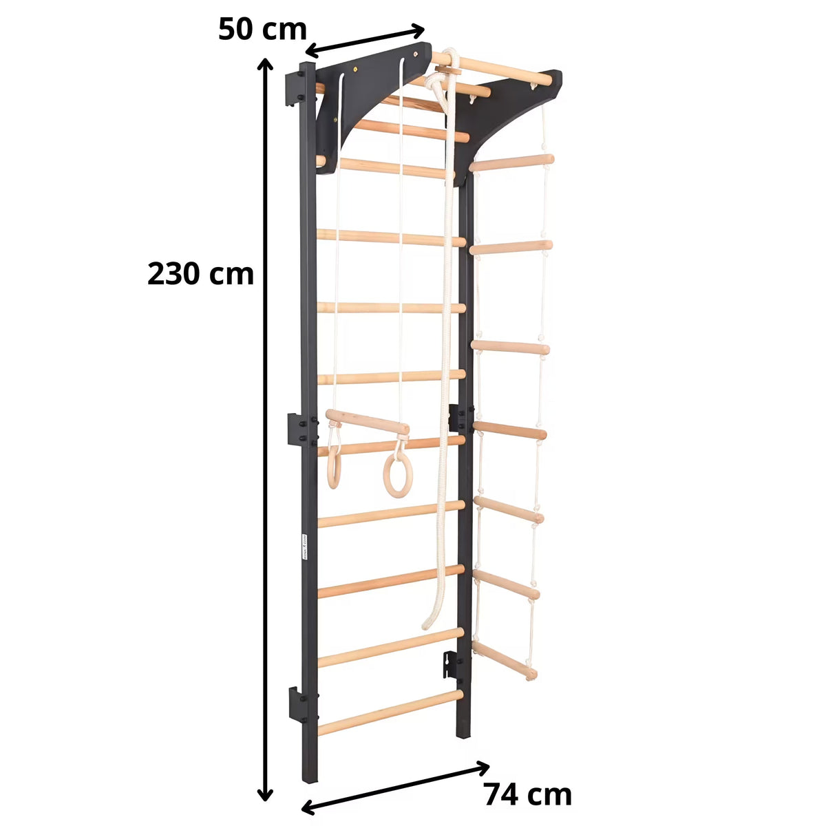 Metallische Sprossenwand STEEL KOM 2 – Graphit mit Klimmzugstange, Ringen und Strickleiter | RINAGYM – Ansicht 2