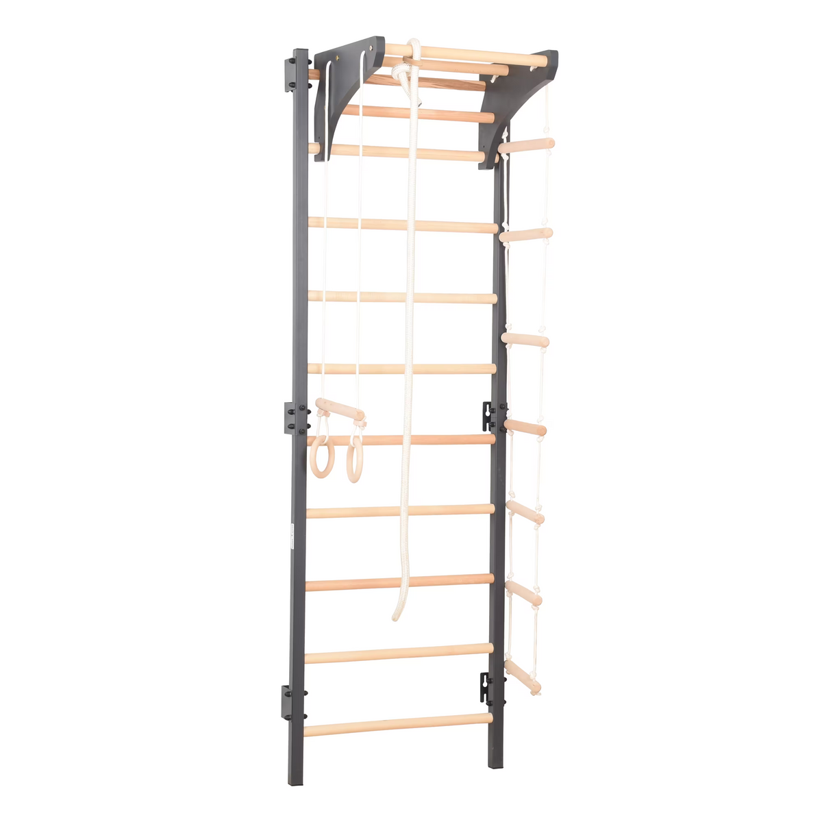 Metallische Sprossenwand STEEL KOM 2 – Graphit mit Klimmzugstange, Ringen und Strickleiter | RINAGYM – Ansicht 8