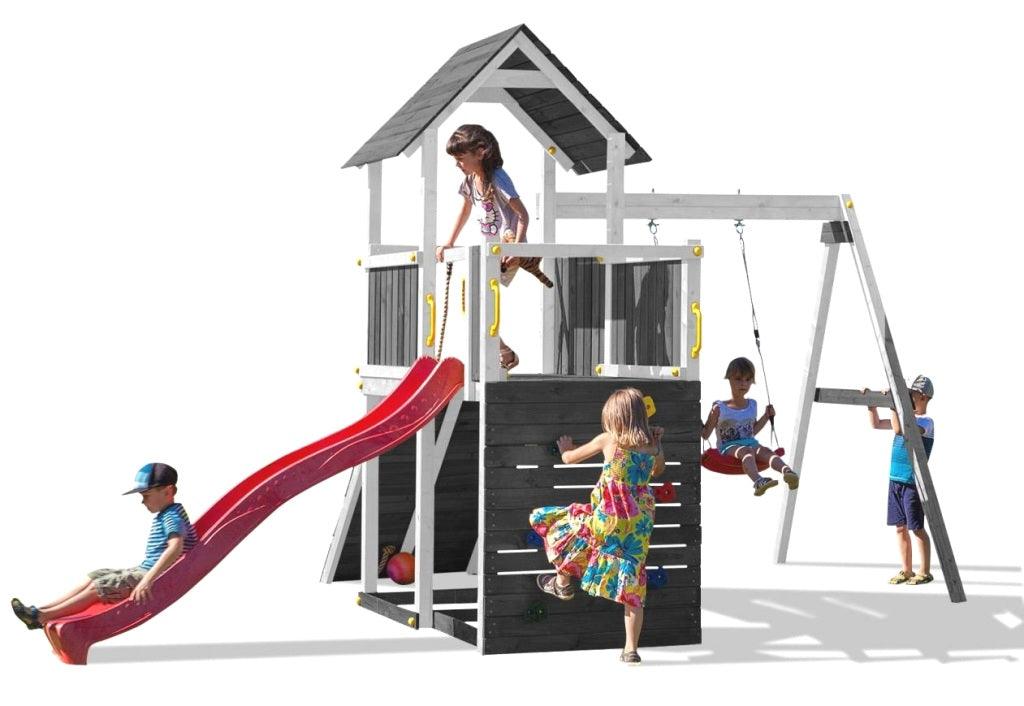 Spielturm Carol 3 in Grau/Weiß für bis zu 10 Kinder mit Rutsche, Holzdach, Griffe, Rampe, Schaukel und Kletterwand - Kletterling – einfach Kind sein