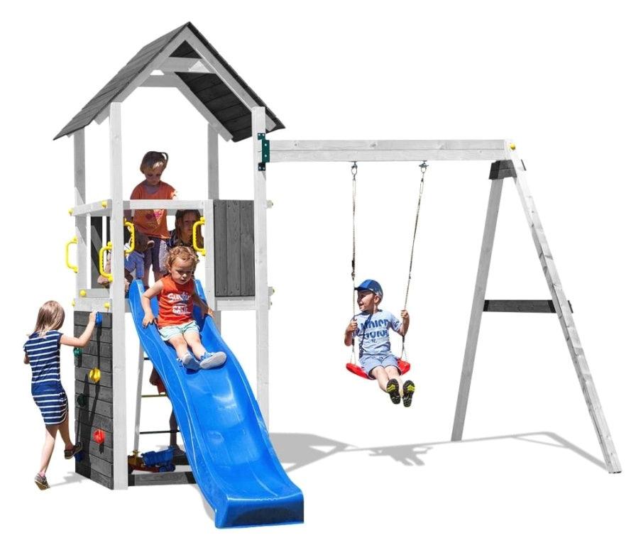 Spielturm für bis zu 7 Kinder - Klettergerüst Carol 2 - grau/weiß - Kletterling – einfach Kind sein