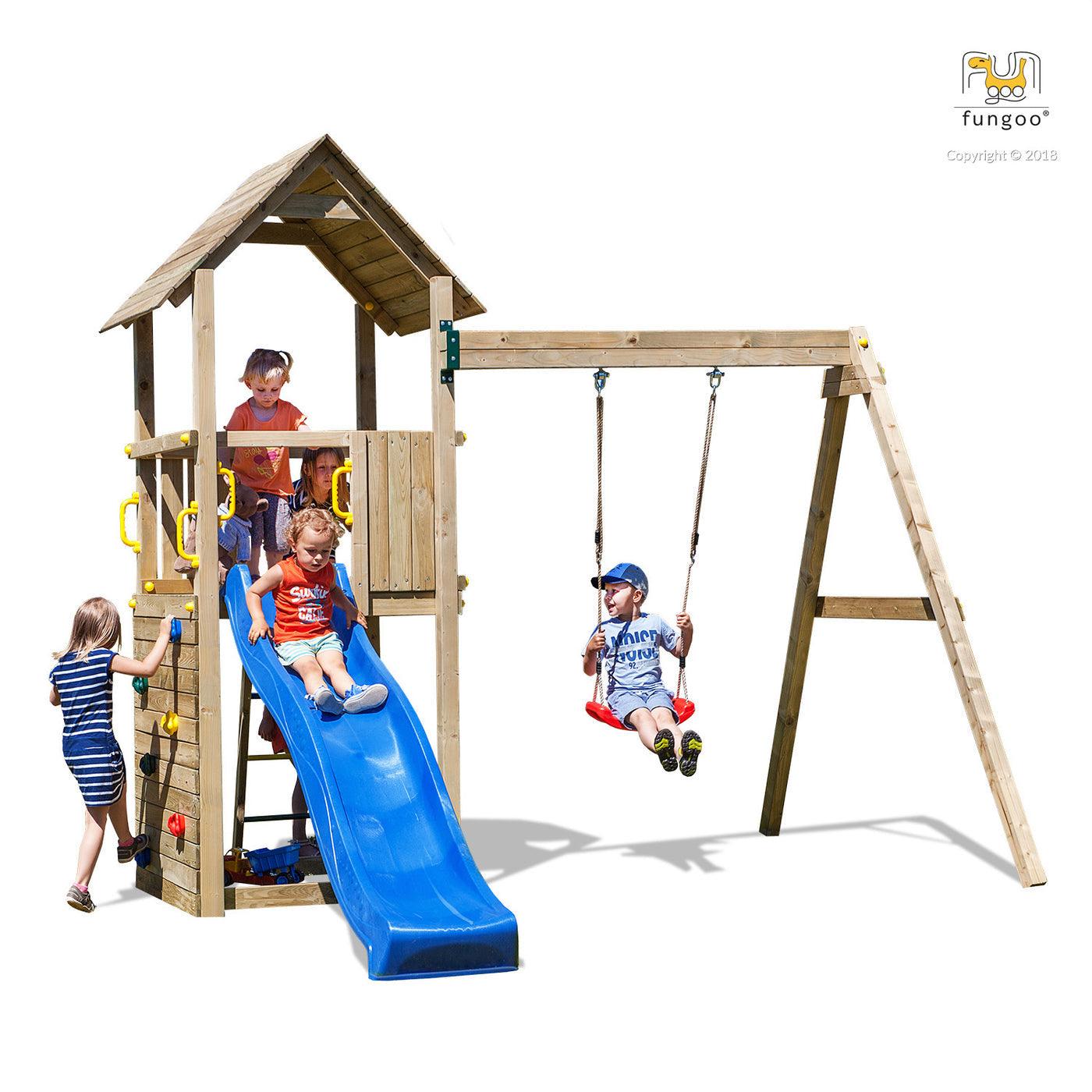 Spielturm für bis zu 7 Kinder - Klettergerüst Carol 2 - teak - Kletterling – einfach Kind sein