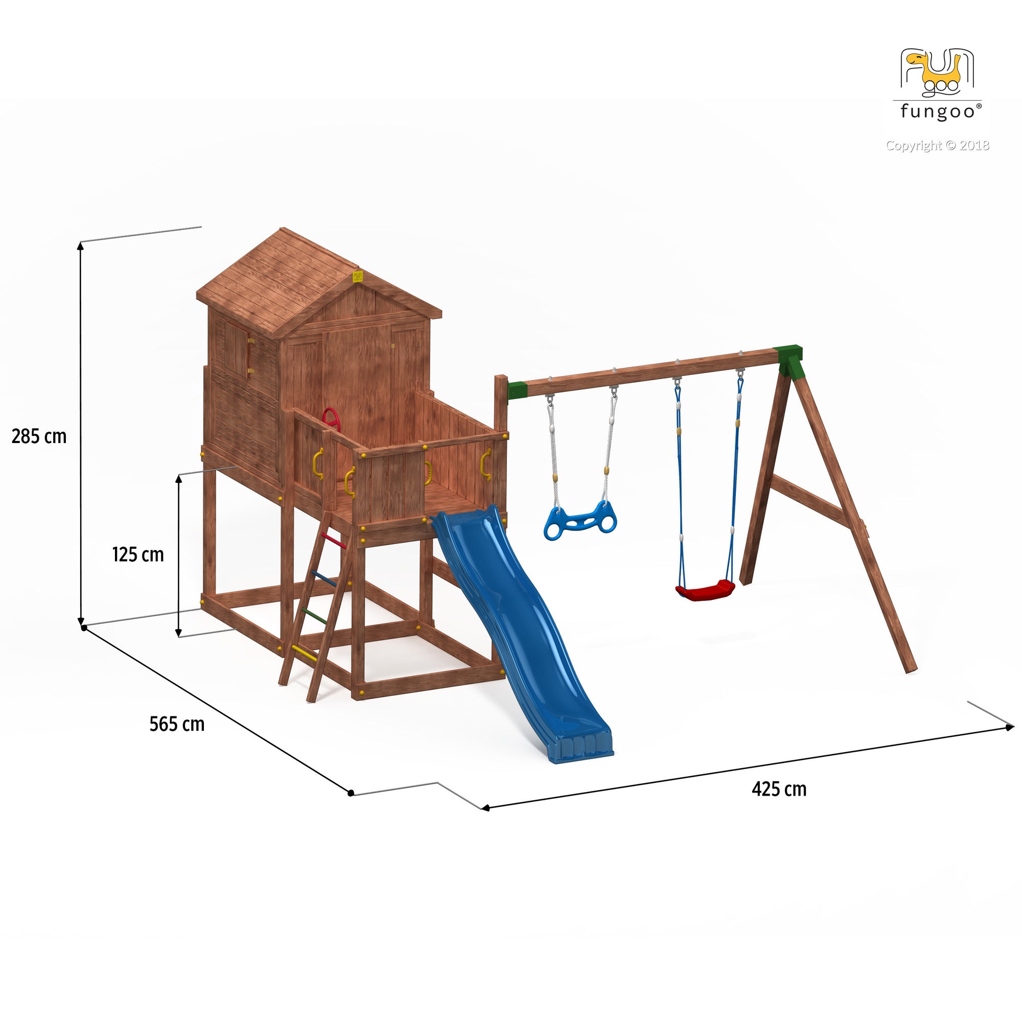 Spielturm My House mit Rutsche, Leiter, Haus mit Holzdach, Griffe, Steuerrad und Modul Move+ (mit Doppelschaukel und Trapez-Griffe)