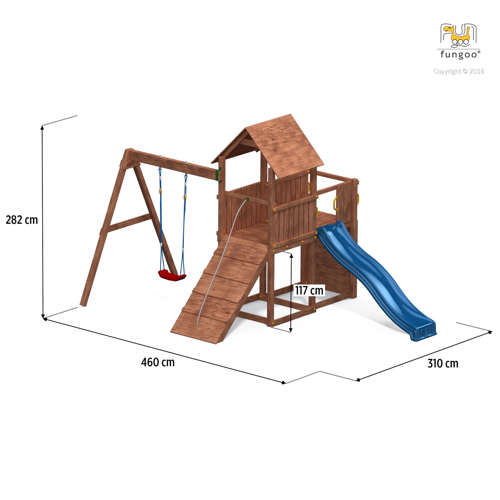 Spielturm Carol 3 in Grau/Weiß für bis zu 10 Kinder mit Rutsche, Holzdach, Griffe, Rampe, Schaukel und Kletterwand