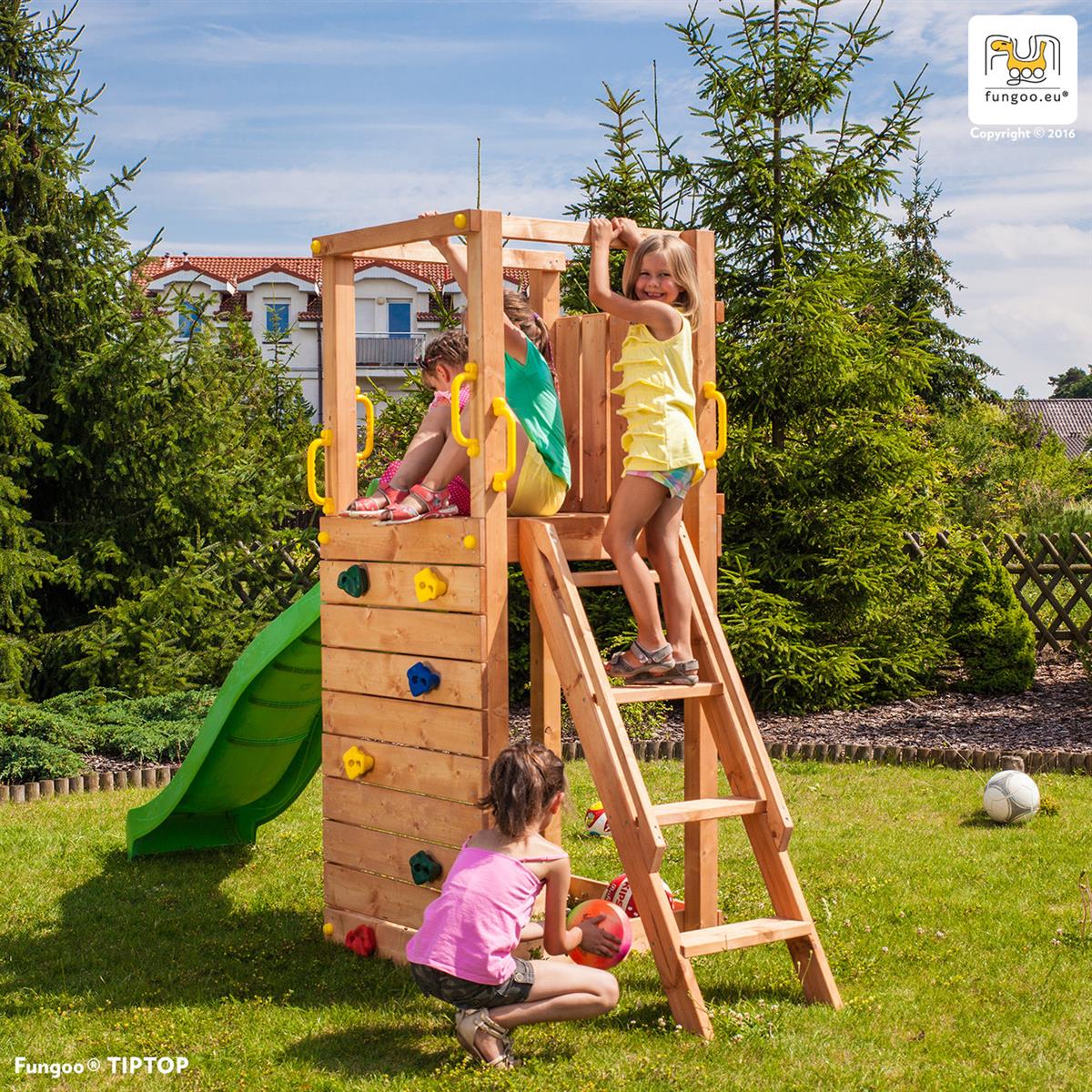 Spielturm TipTop mit Rutsche Leiter und Kletterwand, Klettergriffen, Bodenanker