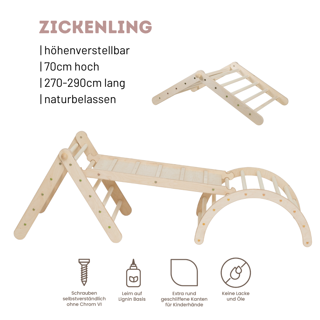 Zickenling Set - 5-fach höhenverstellbares Kletterdreieck (60cm) mit Rutsche und Bogen Rutsche: 100cm Rutsche mit Hühnerleiter, Bogen: kleiner Bogen