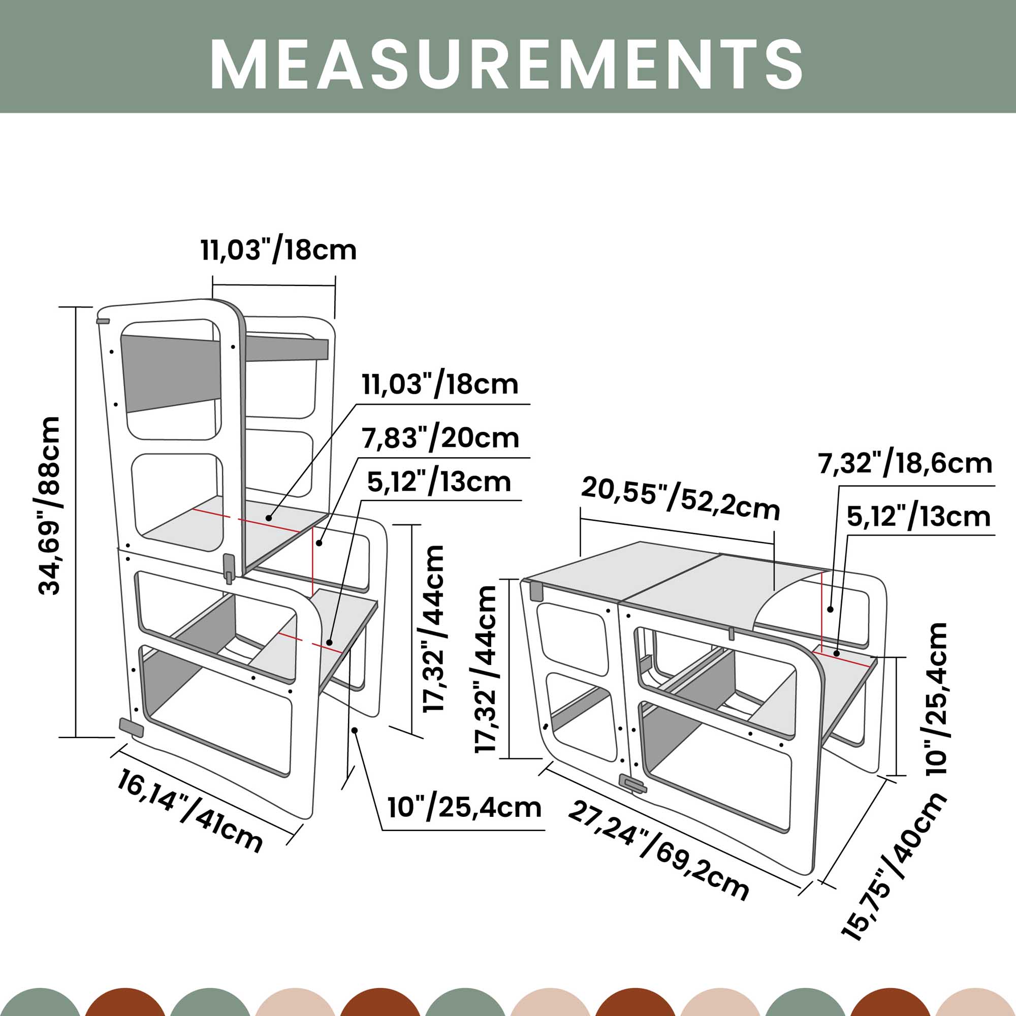 2-in-1 wandelbarer Küchenturm - Tisch und Stuhl-Set Grau