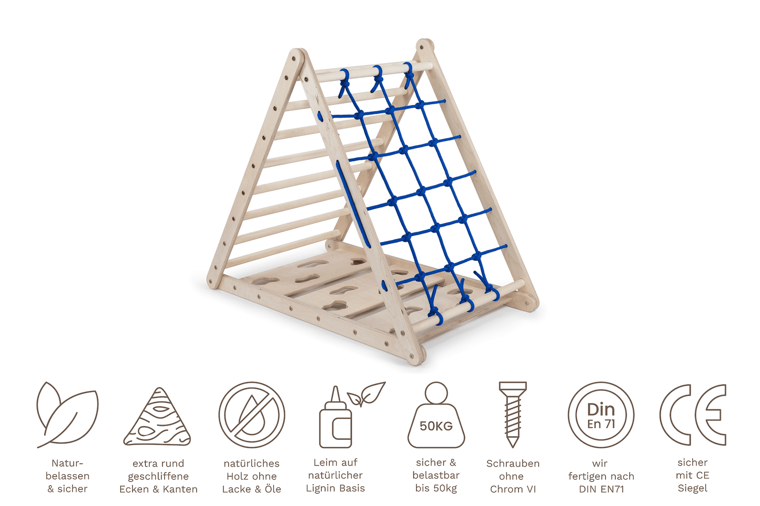 Orang-Utan - Kletterdreieck (87cm) mit Netz, Sprossen- und Kletterseite mit Nylonseil