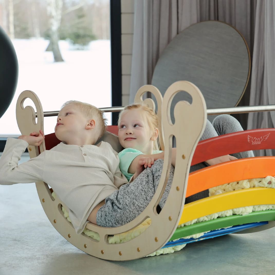 XXL Montessori Kletterbogen und Kletterwippe in Regenbogen