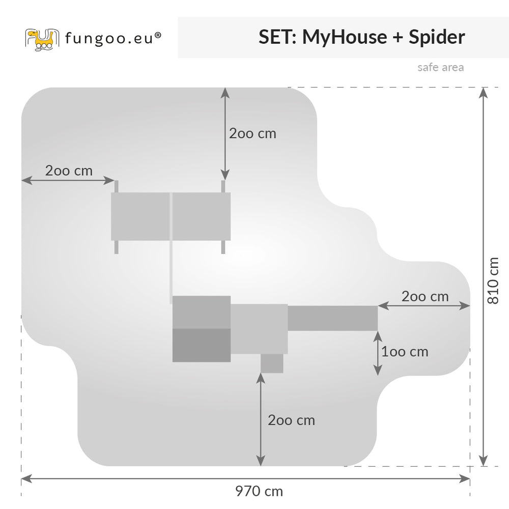 Spielturm My House mit Rutsche, Leiter, Haus mit Holzdach, Griffe, Steuerrad und Modul Spider+ (mit Kletterwand, Netzseite, Schaukel und Trapez-Griffe)