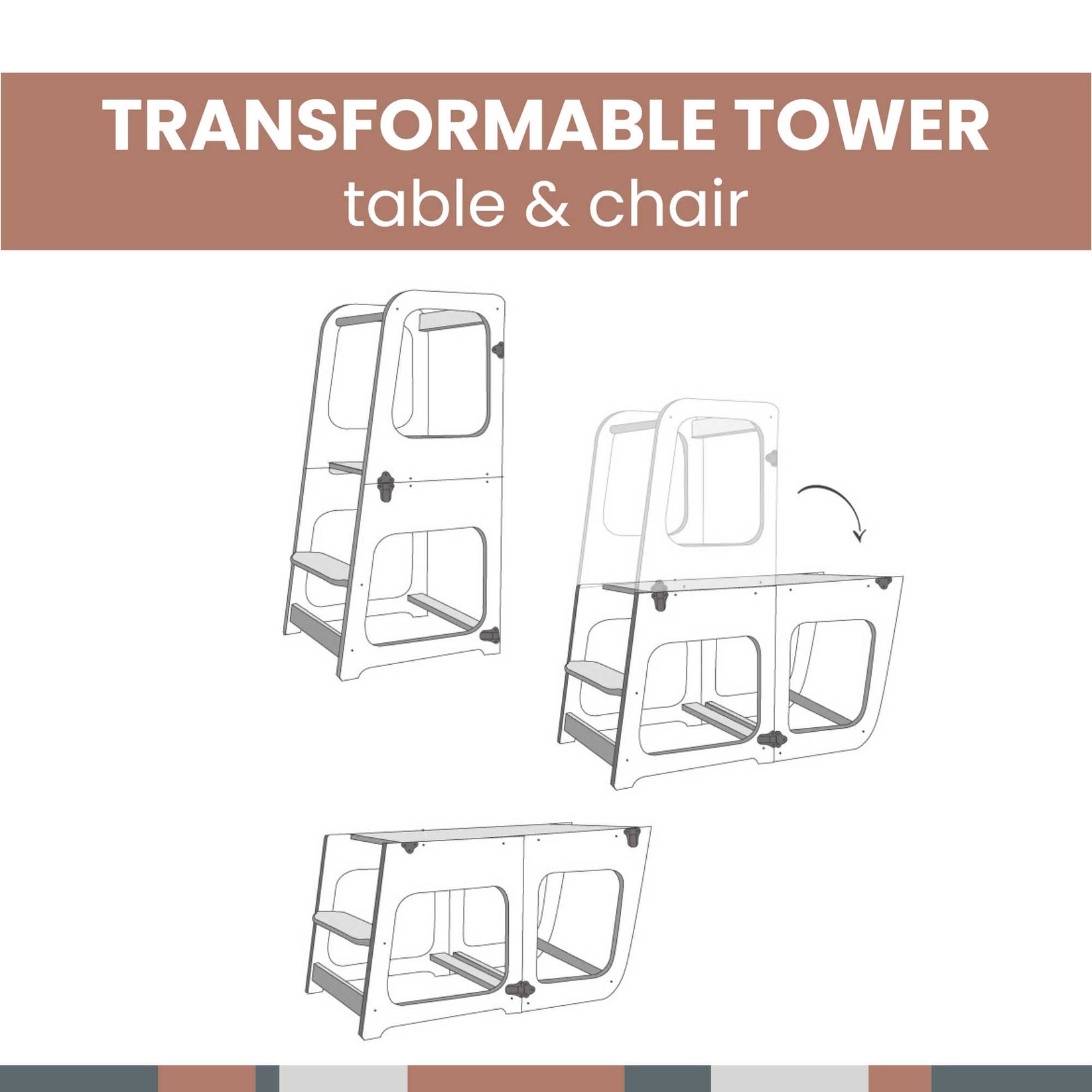 Vielseitiger 2-in-1 transformierbarer Lernturm Natur Lackiert